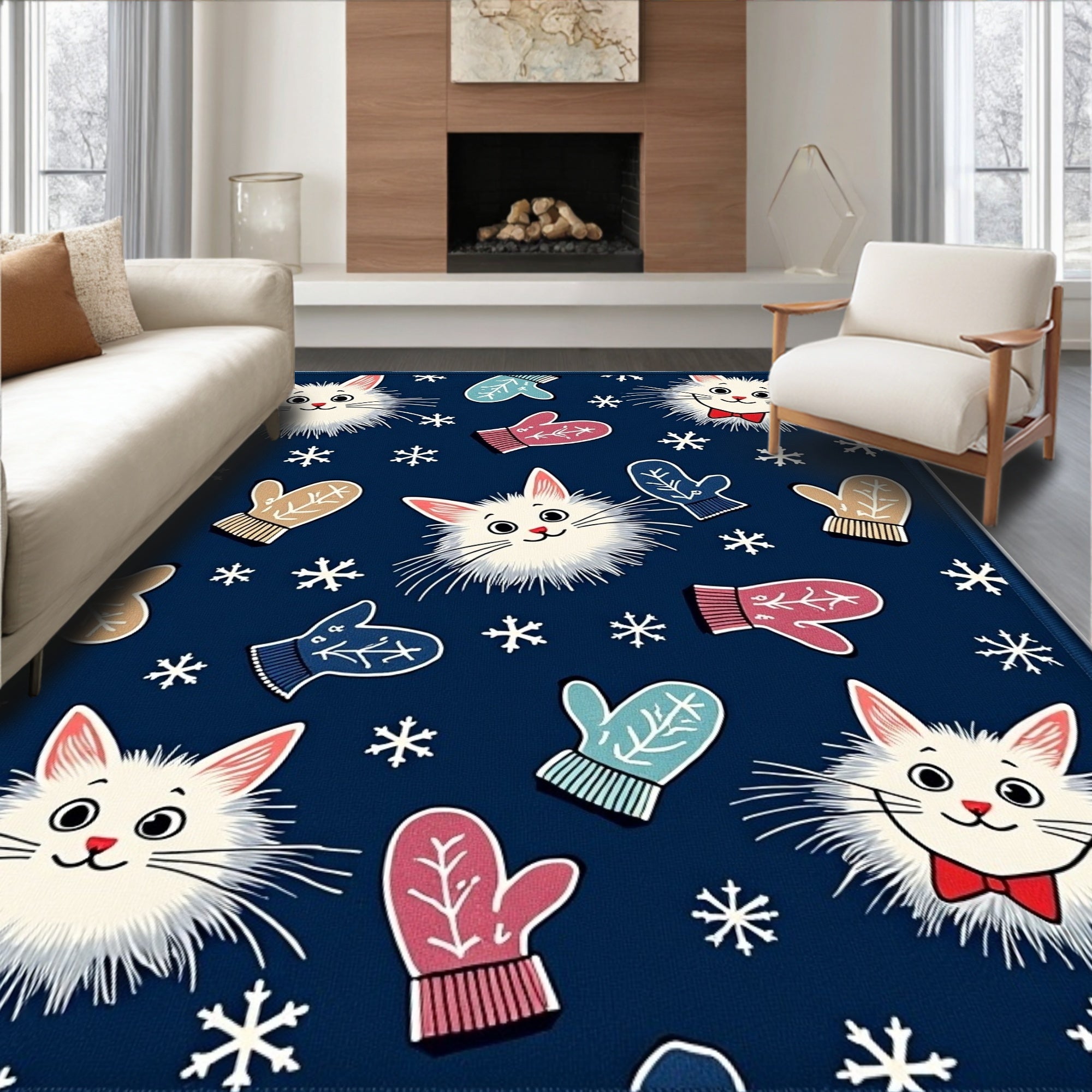 Whimsical Cat Mittens Snowflakes Composed Rug