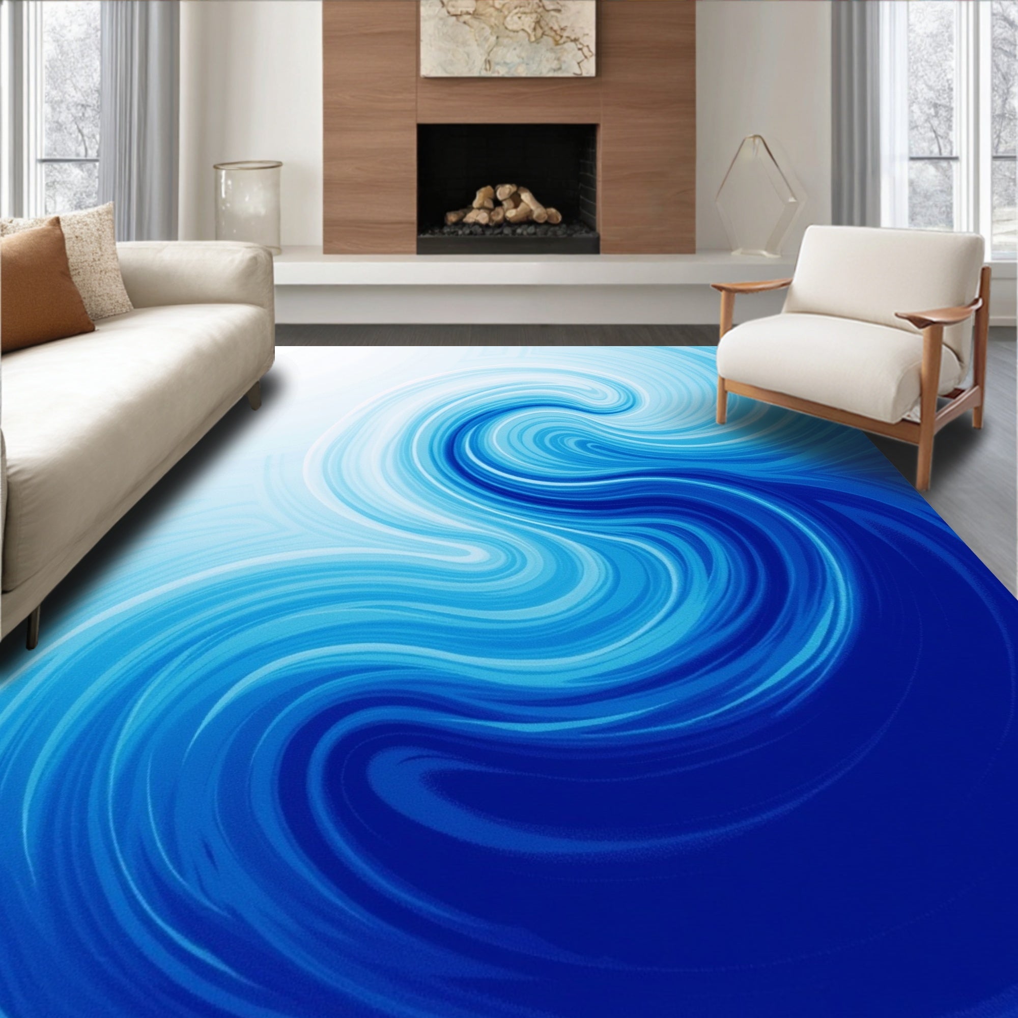 Deep Blue Swirl Water Abstract Rug