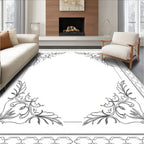 Ornate Scrollwork Bordered Illustration Black White Rug