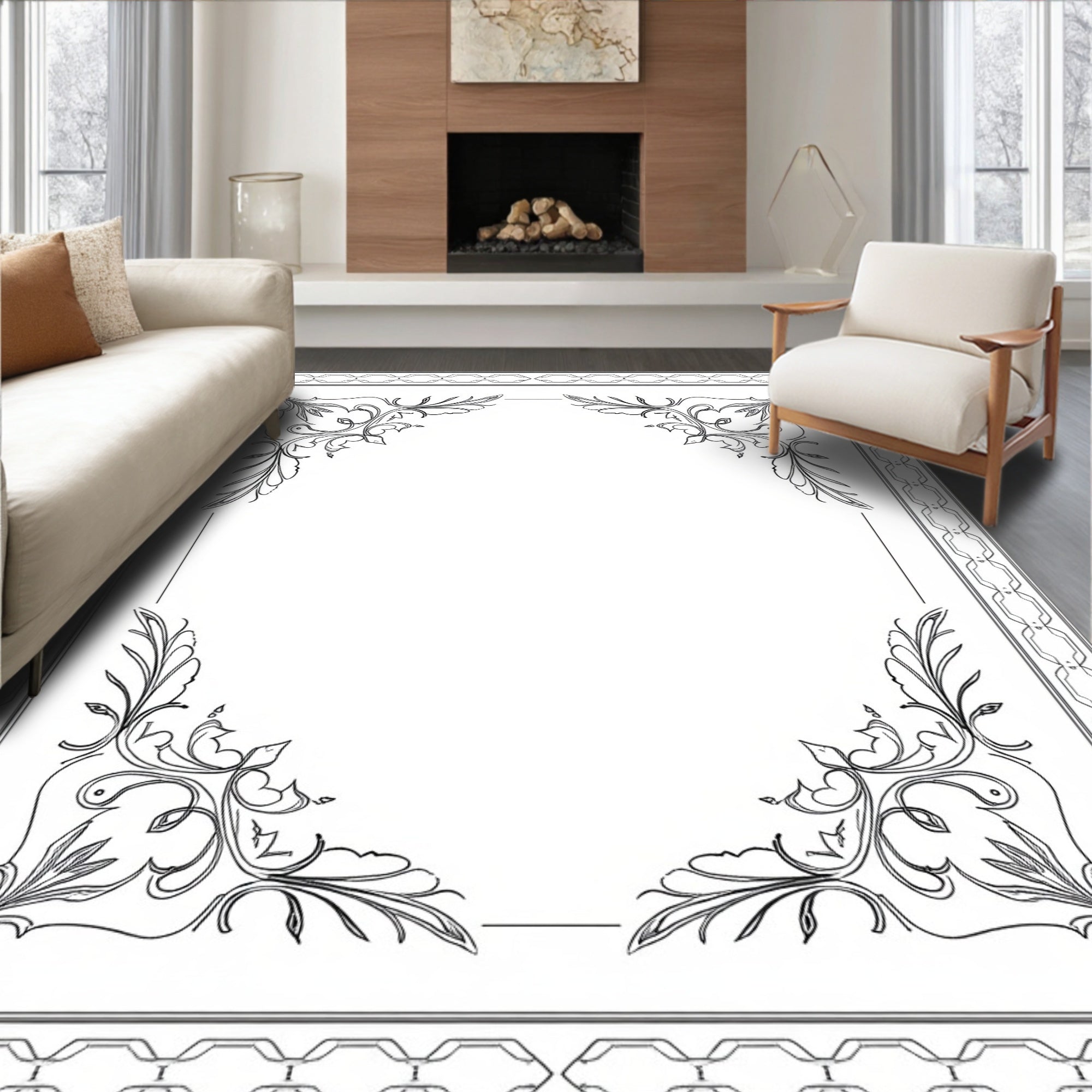 Ornate Scrollwork Bordered Illustration Black White Rug