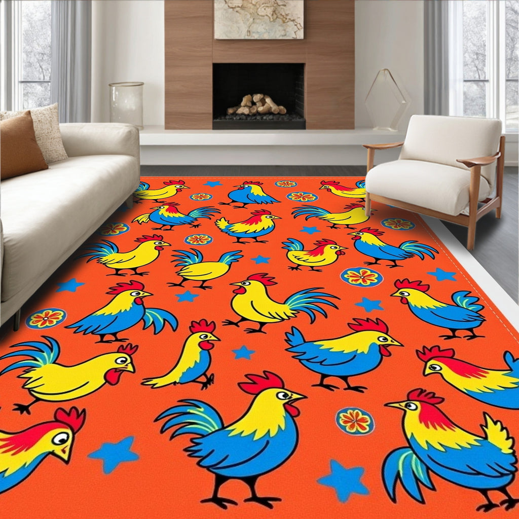 Whimsical Roosters on Orange Background Rug