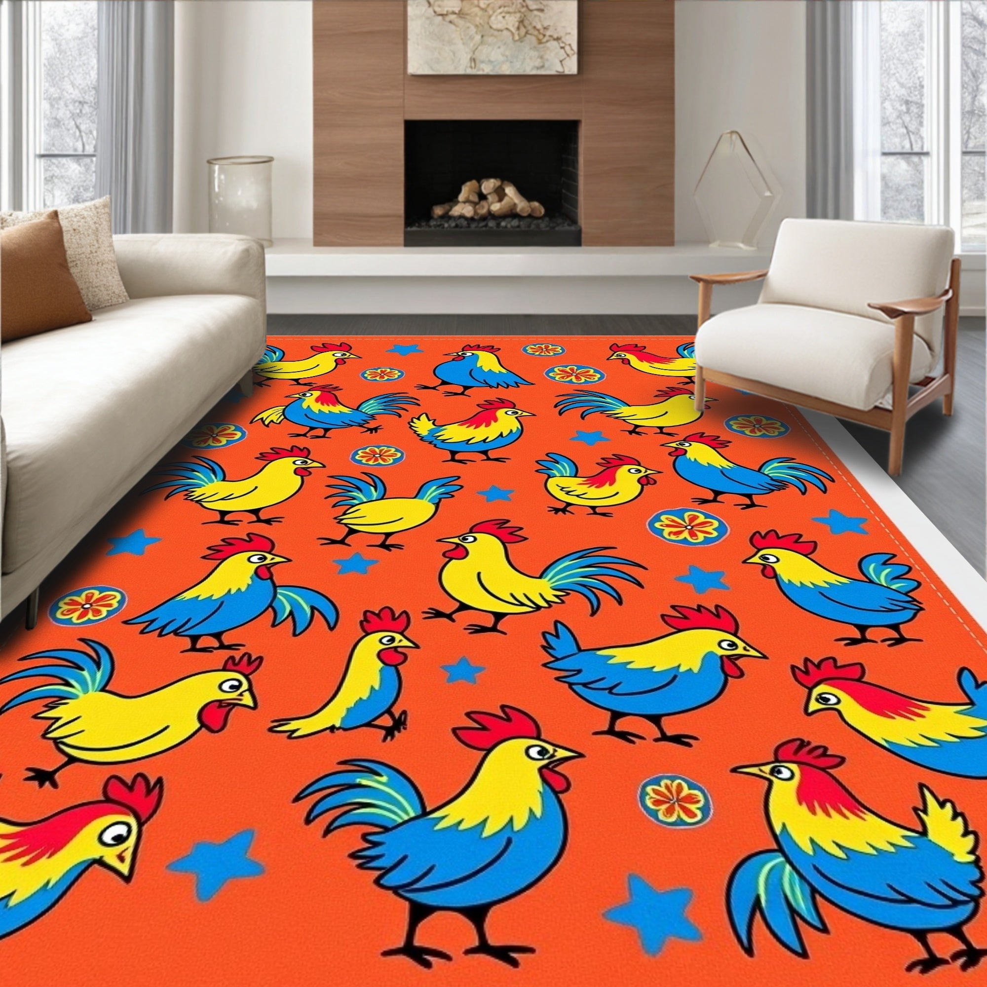 Whimsical Roosters on Orange Background Rug