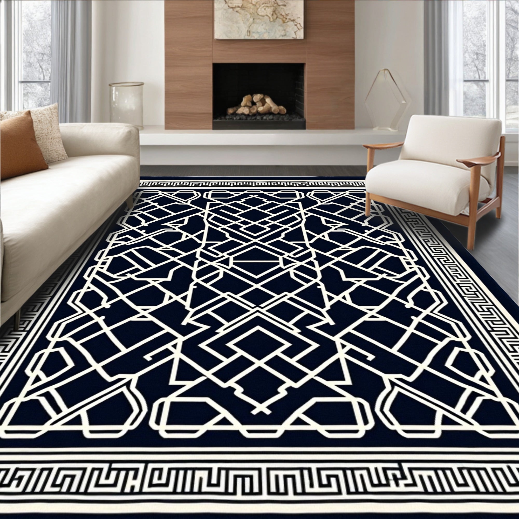 Navy White Interlocking Geometric Statement Rug
