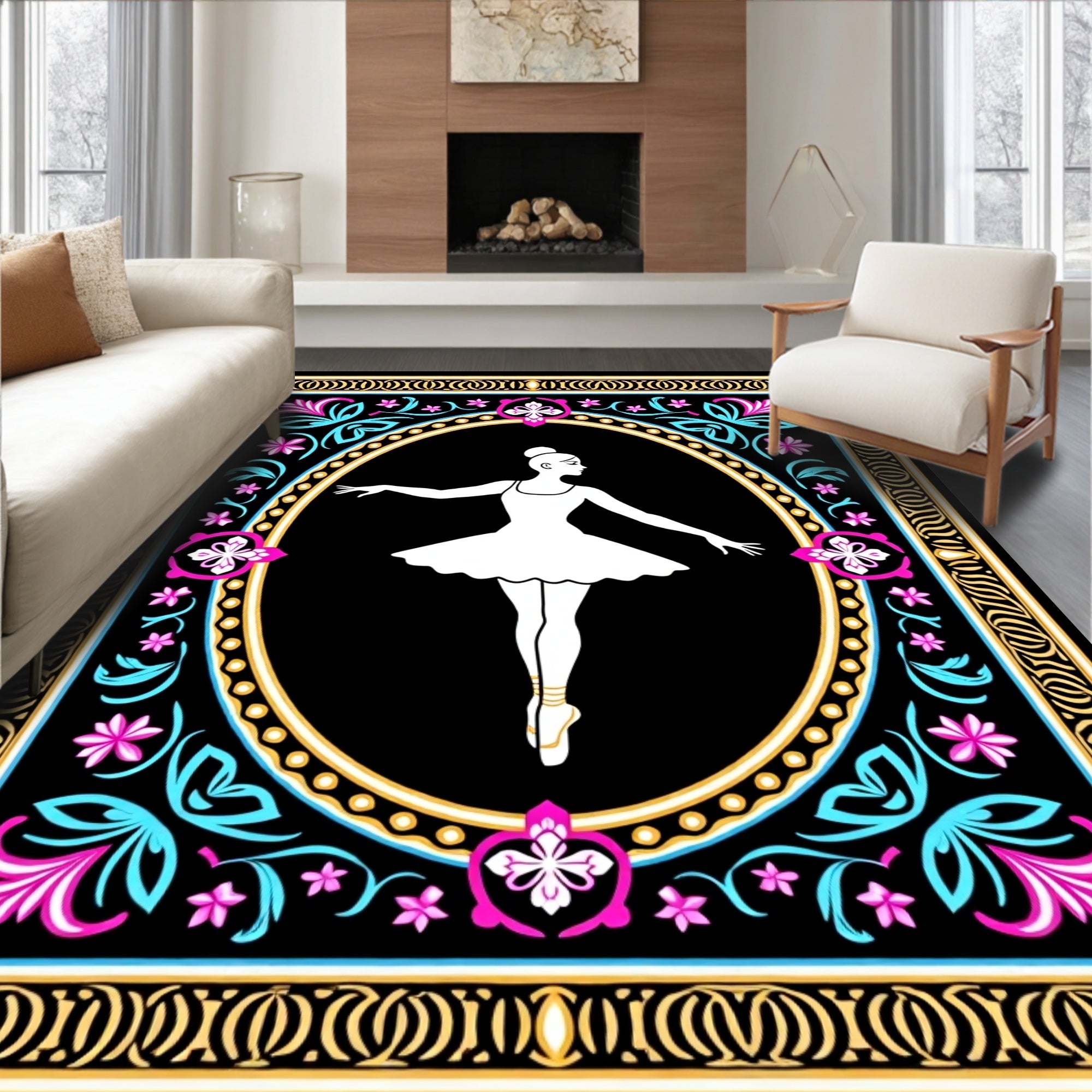 White Ballerina Floral Frame Black Rug