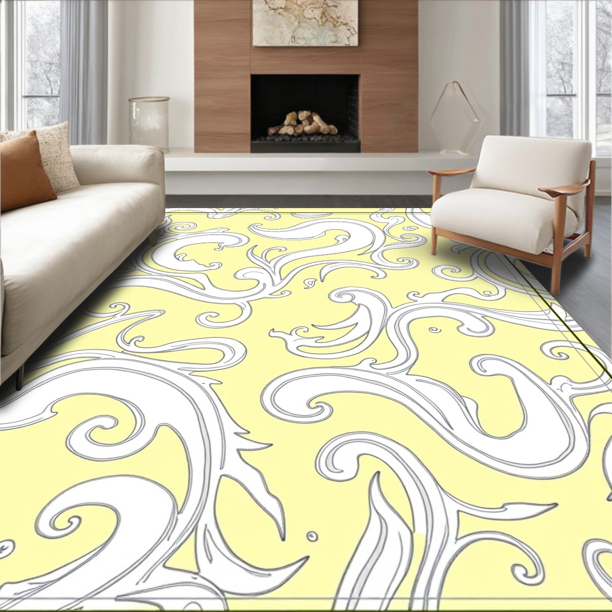 Yellow White Scrollwork Vine Harmony Rug