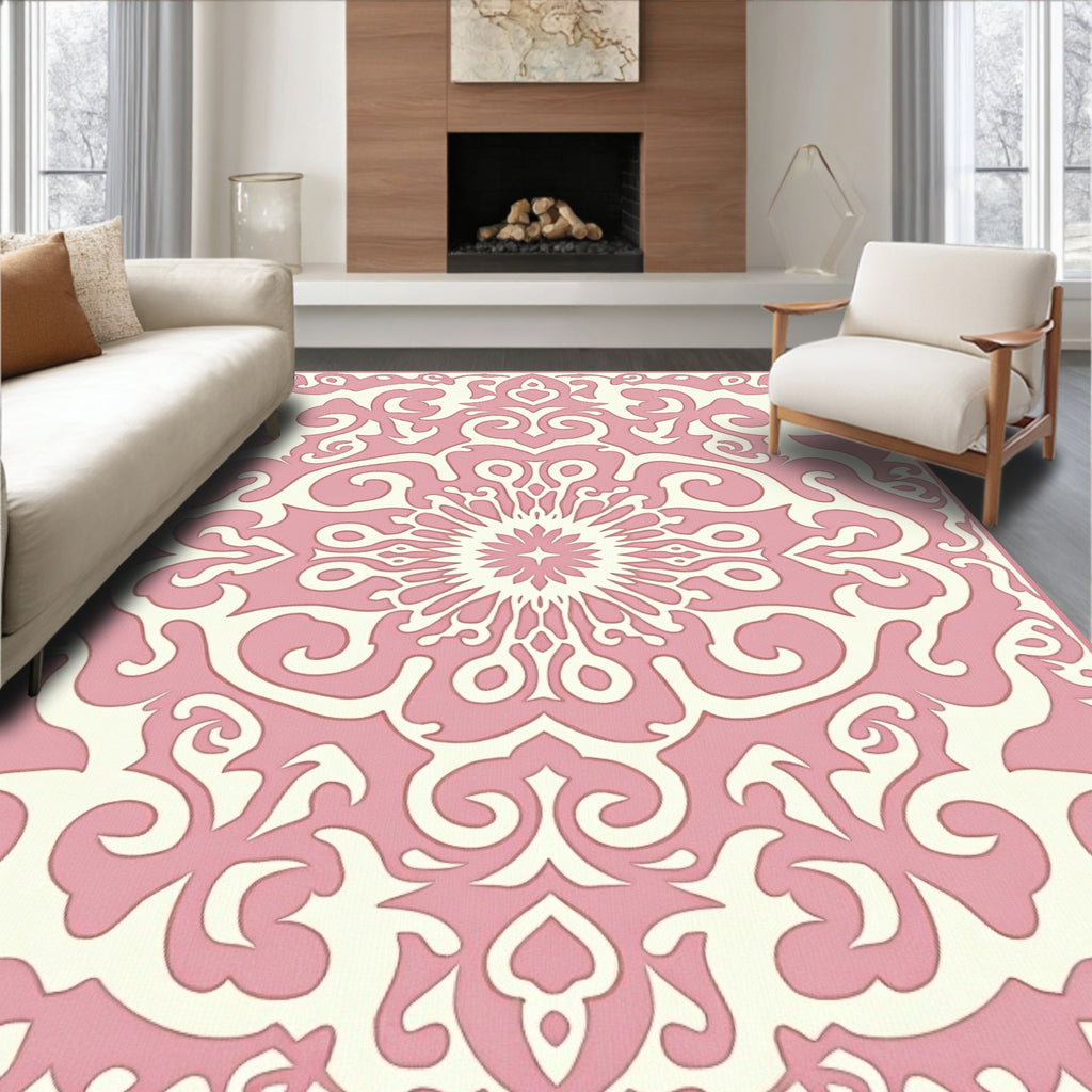 Soft Pink Damask Scroll Medallion Rug