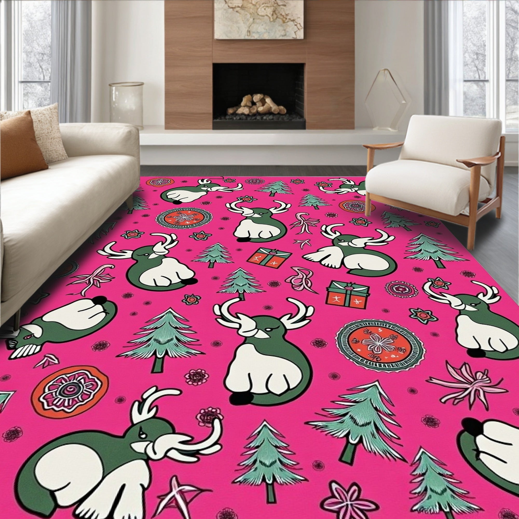 Playful Green Deer Christmas Trees Ornaments Rug