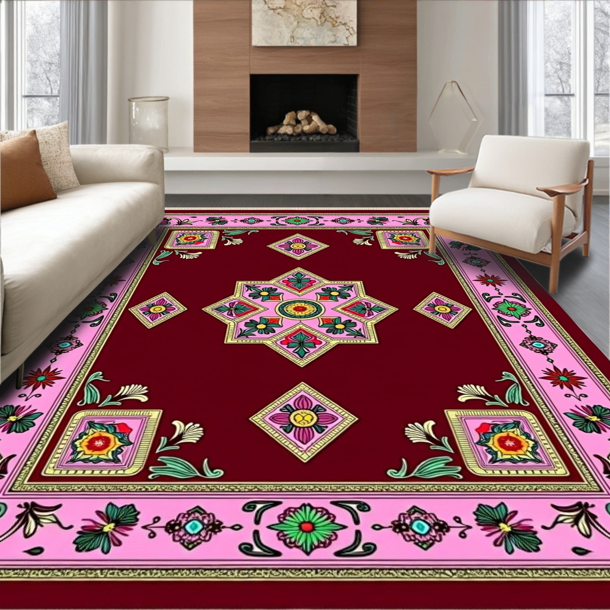 Burgundy Pink Floral Geometric Medallion Rug