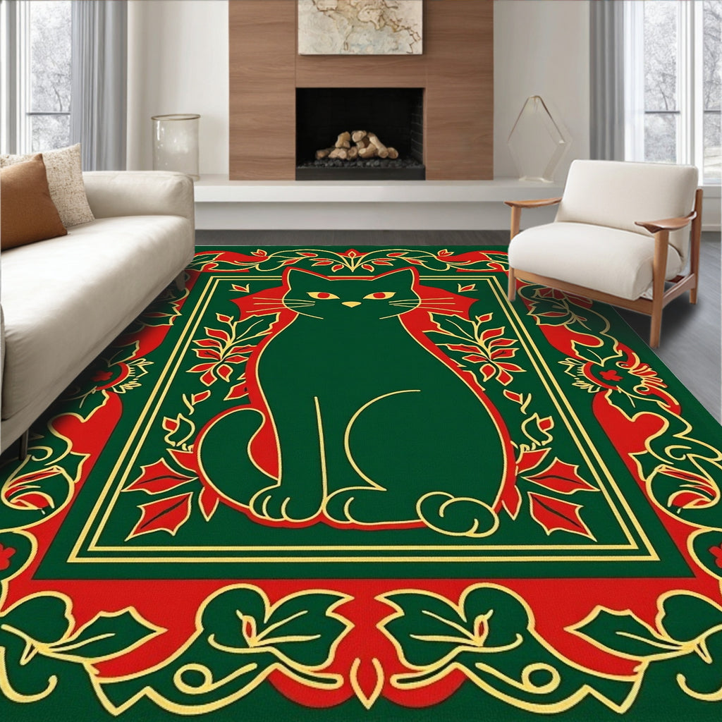 Emerald Green Sitting Cat Floral Frame Rug