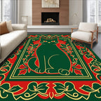 Emerald Green Sitting Cat Floral Frame Rug