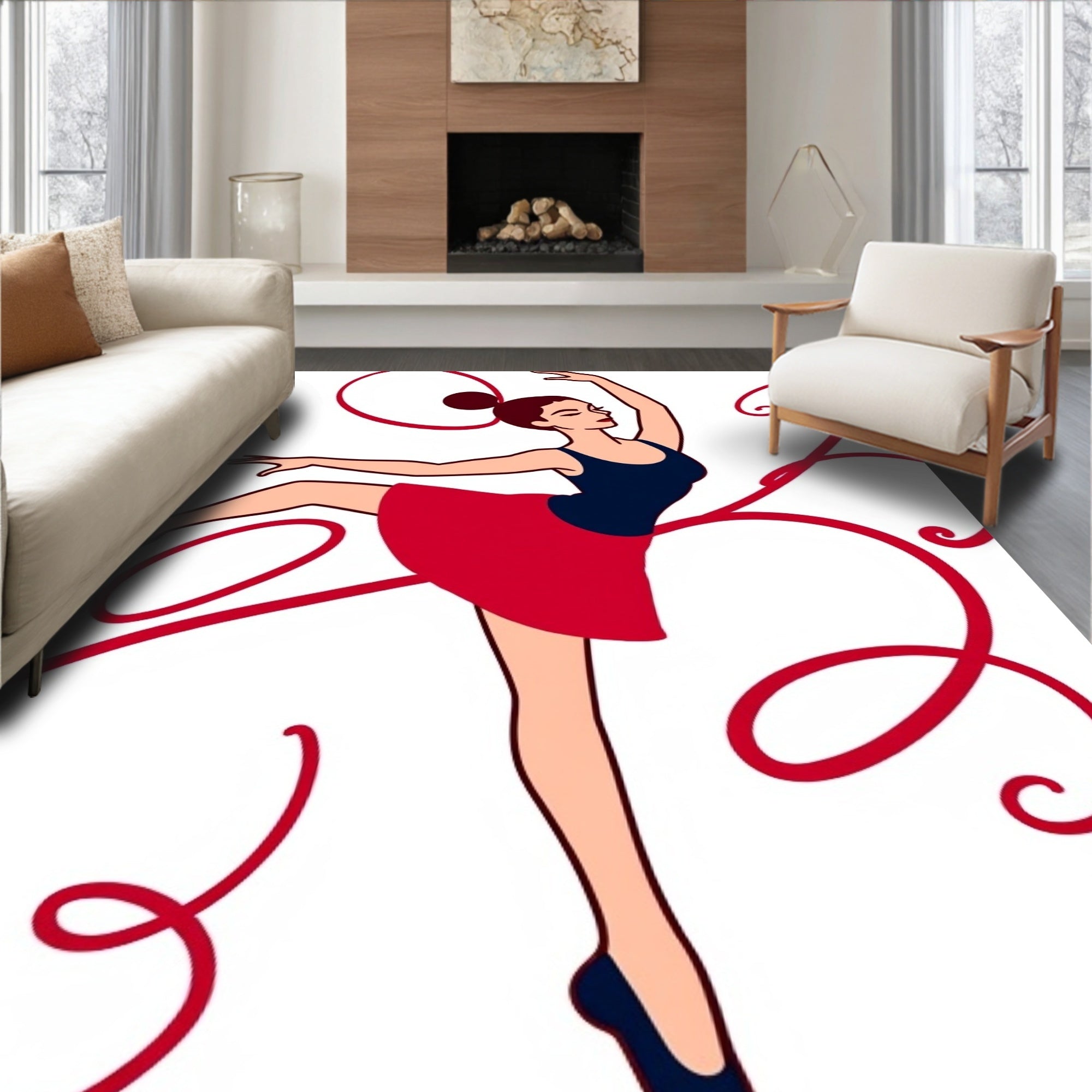Crimson Ballet Dancer Ribbon Swirl Rug