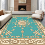 Turquoise Tan Floral Scroll Medallion Rug