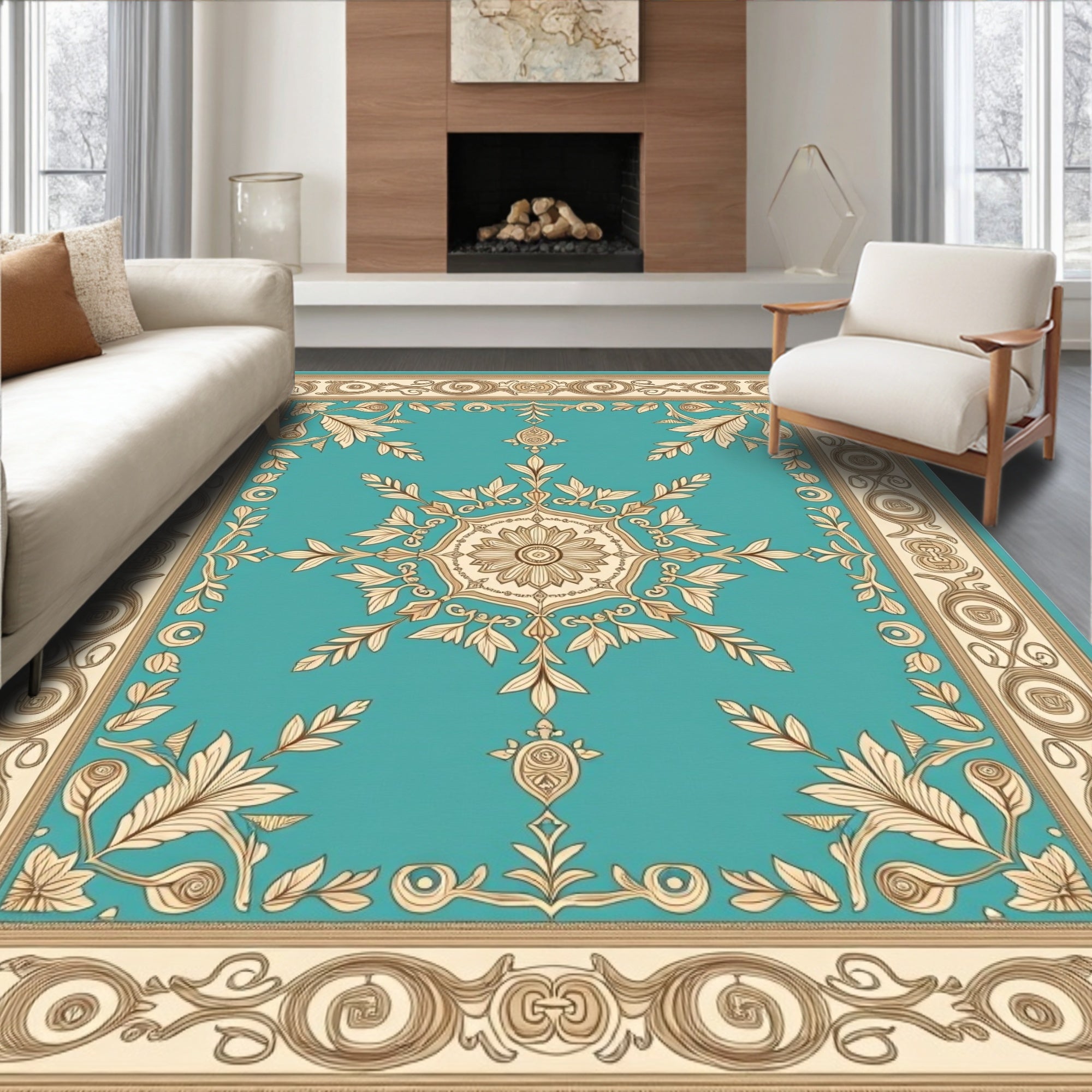 Turquoise Tan Floral Scroll Medallion Rug