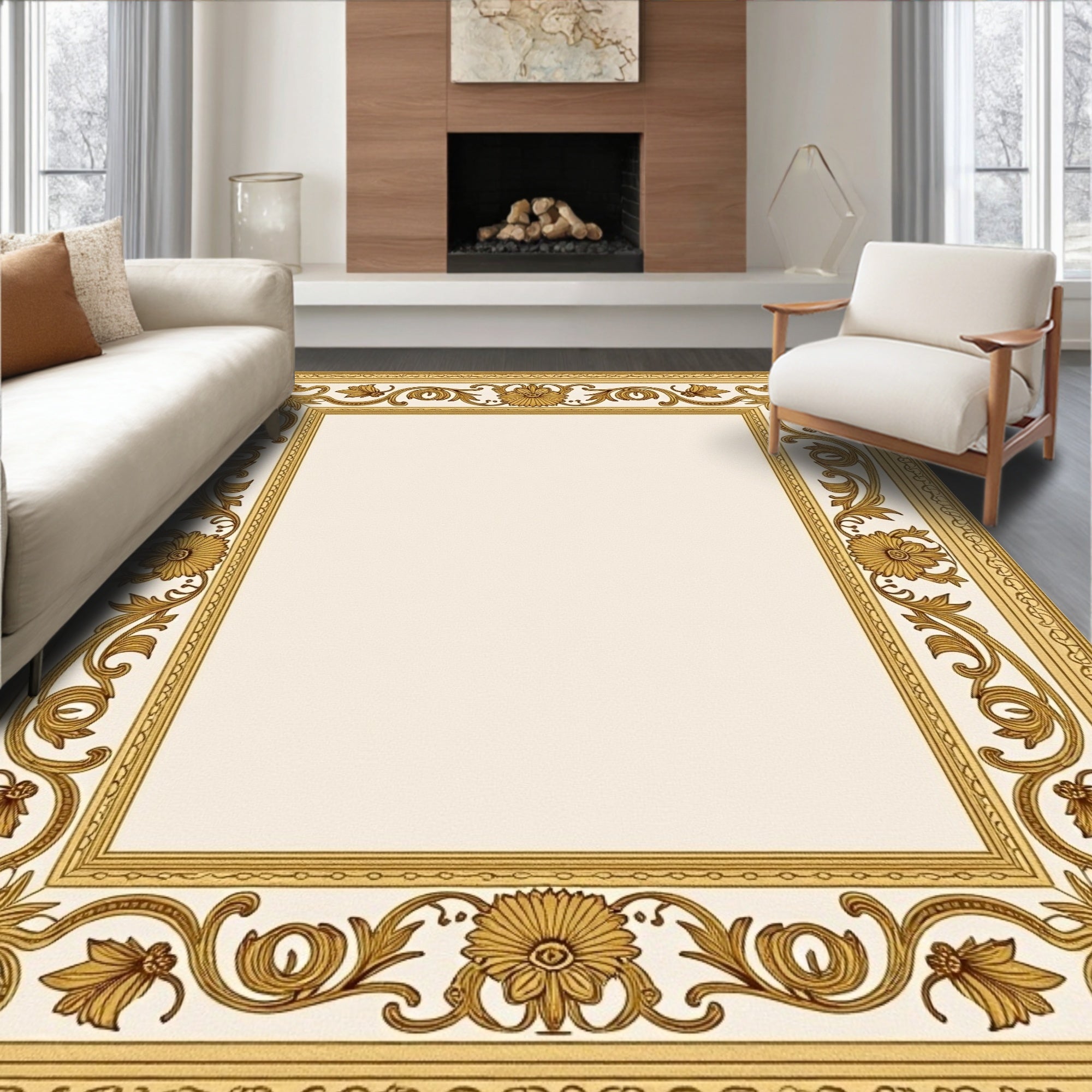 Golden Baroque Floral Scroll Frame Rug