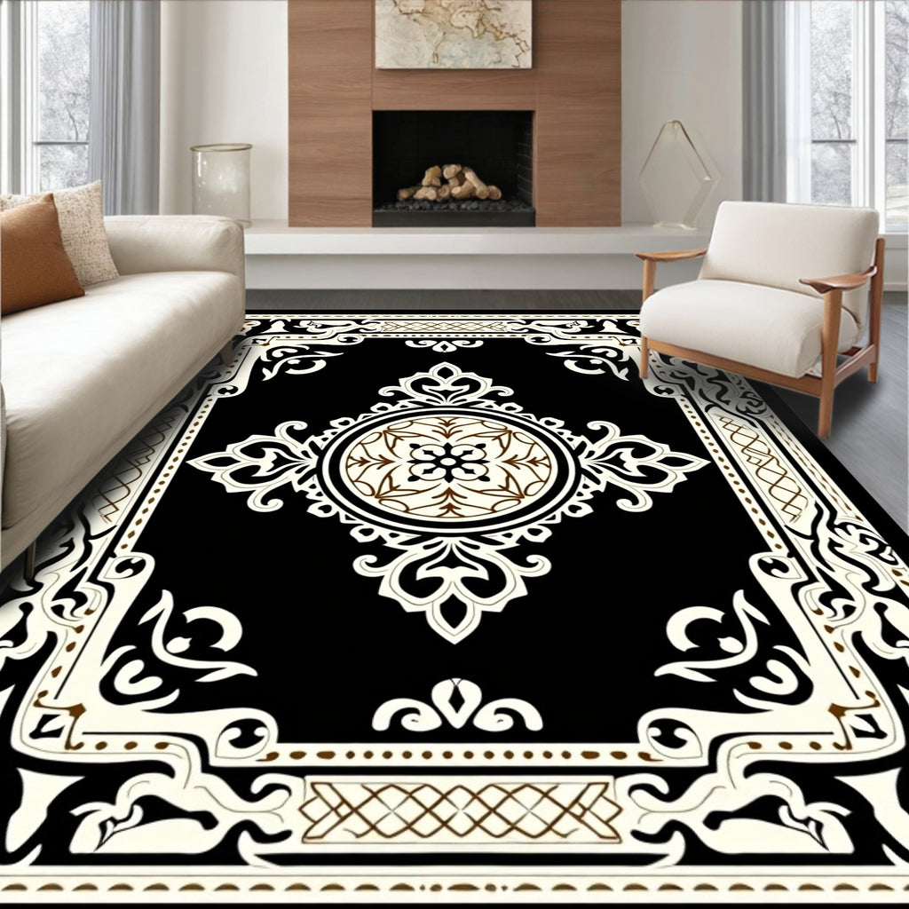 Ornate Black and Cream Medallion Frame Rug