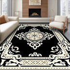 Ornate Black and Cream Medallion Frame Rug