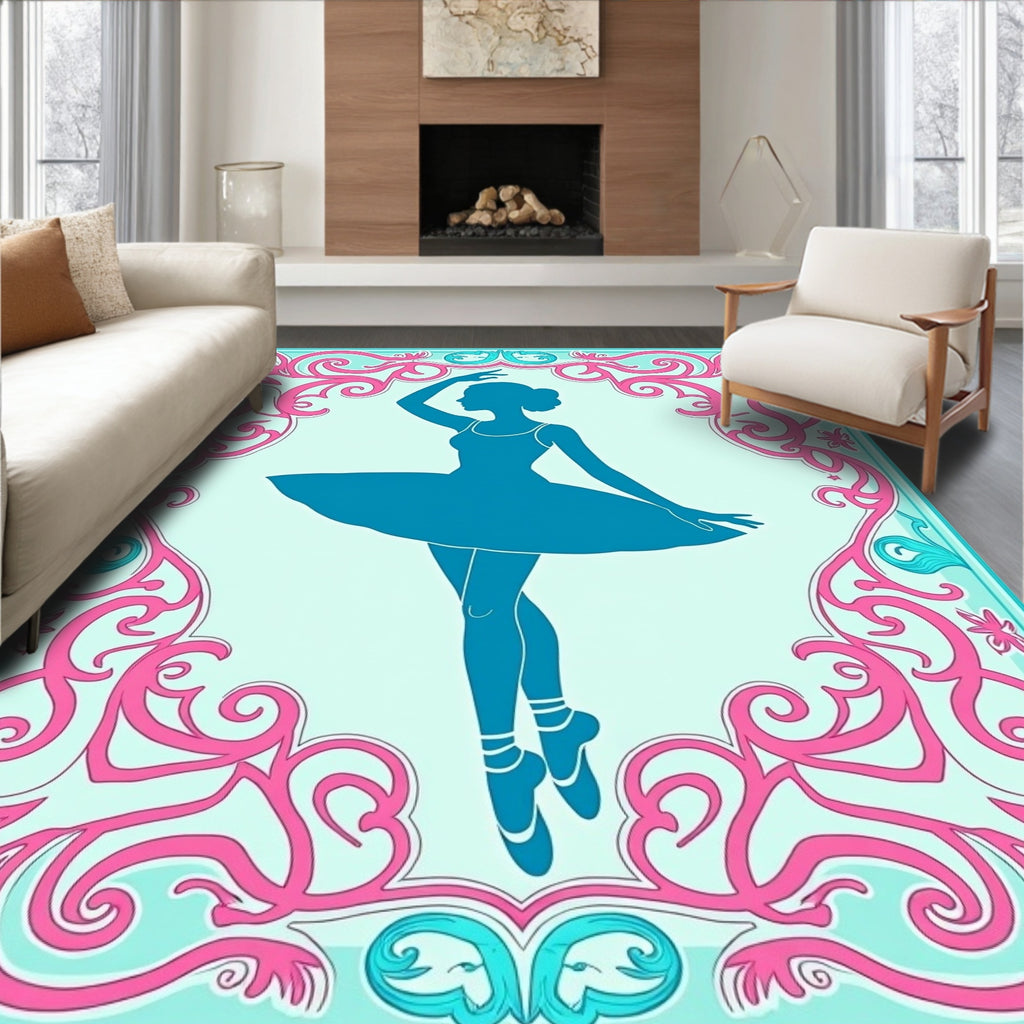 Turquoise Ballerina Pink Floral Frame Rug