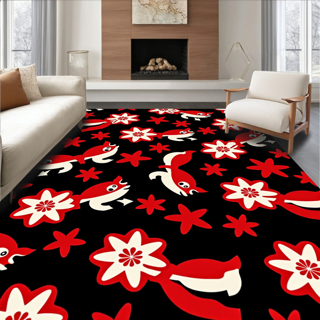 Red White Whimsical Fish Floral Black Rug