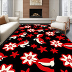 Red White Whimsical Fish Floral Black Rug