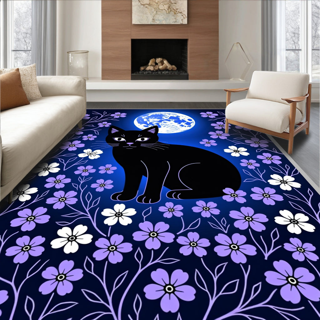 Midnight Black Cat Moon Garden Rug