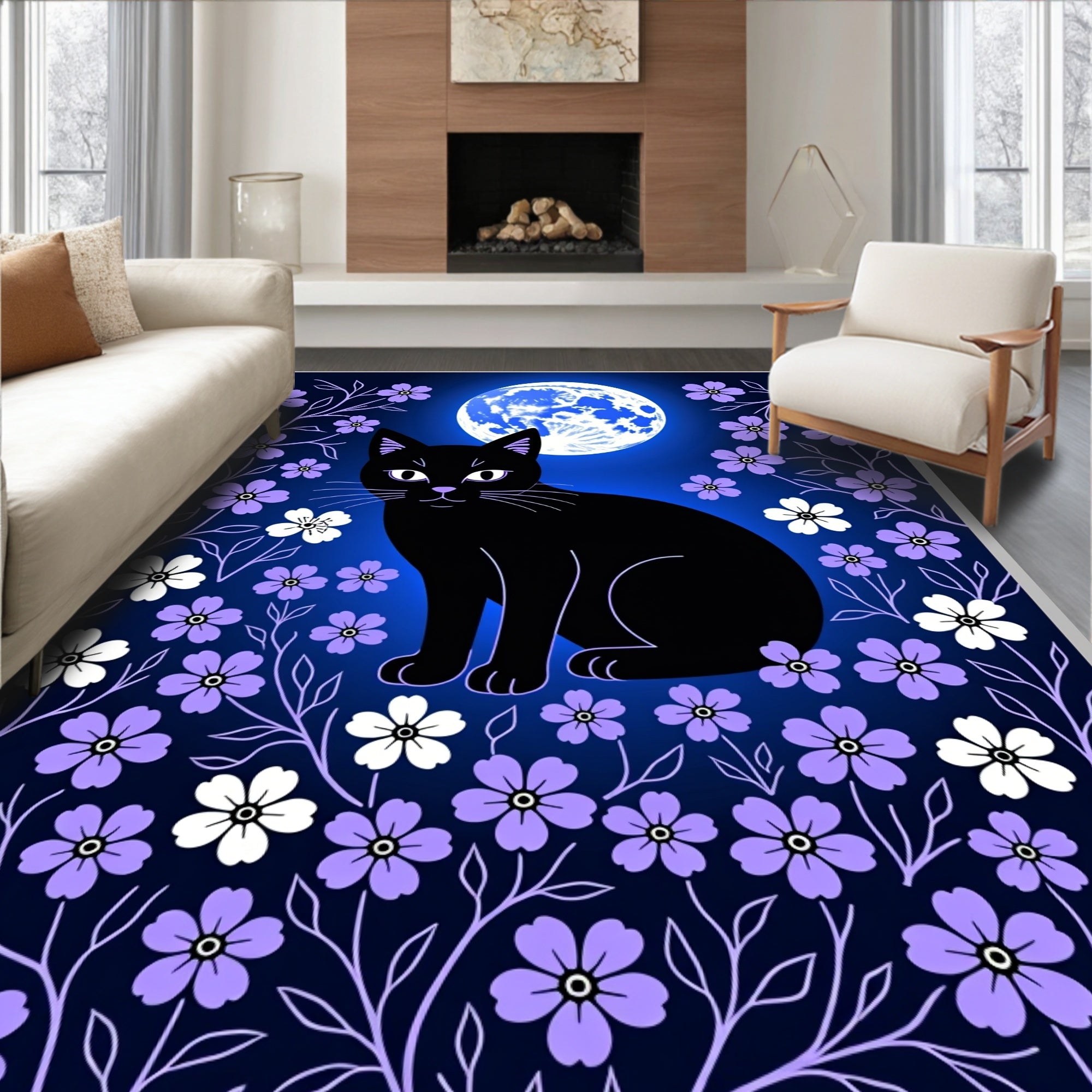 Midnight Black Cat Moon Garden Rug
