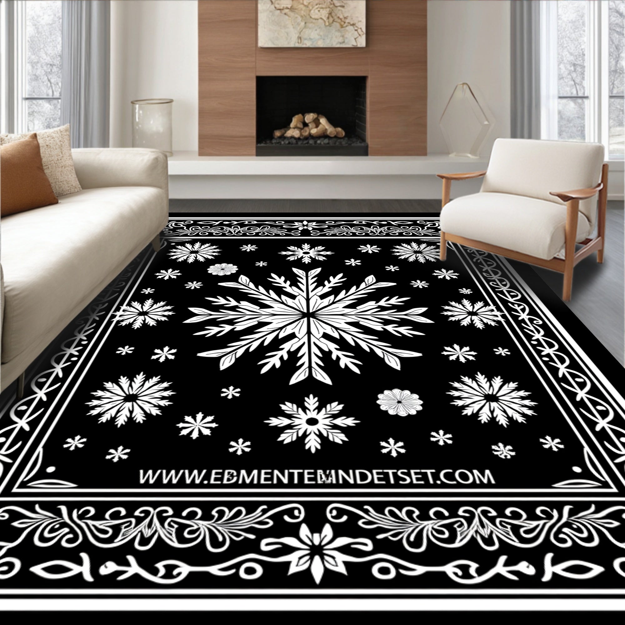 Black White Snowflake Mandala Border Rug
