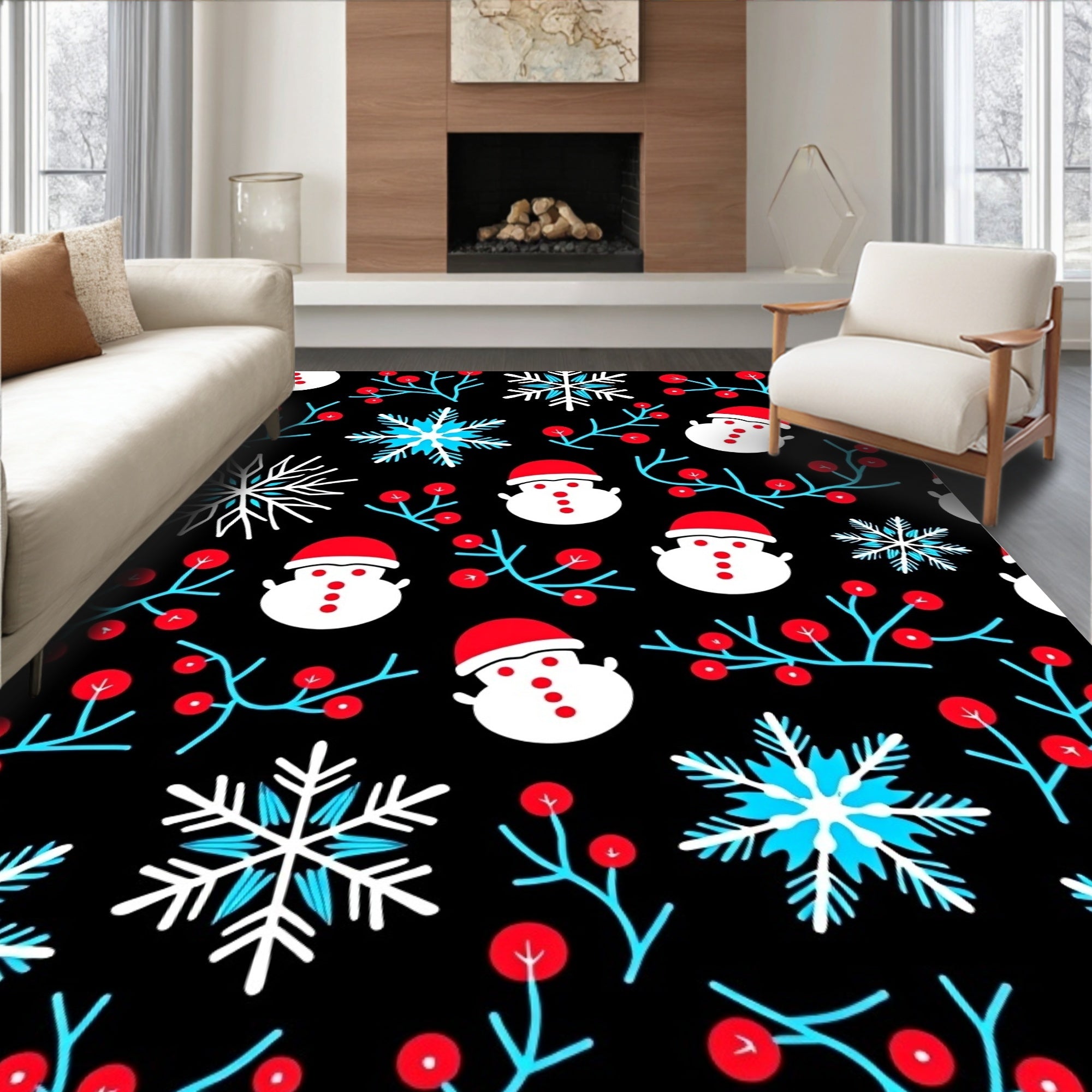 Happy Snowman Red Berry Snowflake Rug