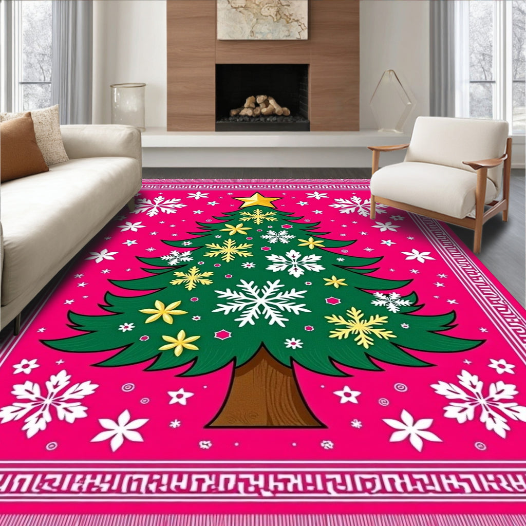 Pink Christmas Tree Snowflake Border Rug