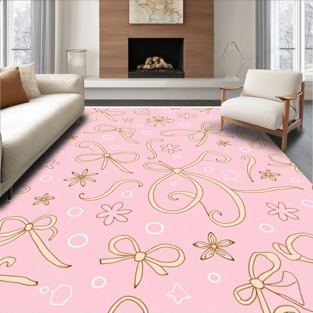Pink Bows Subtle Flowers Circles Rug
