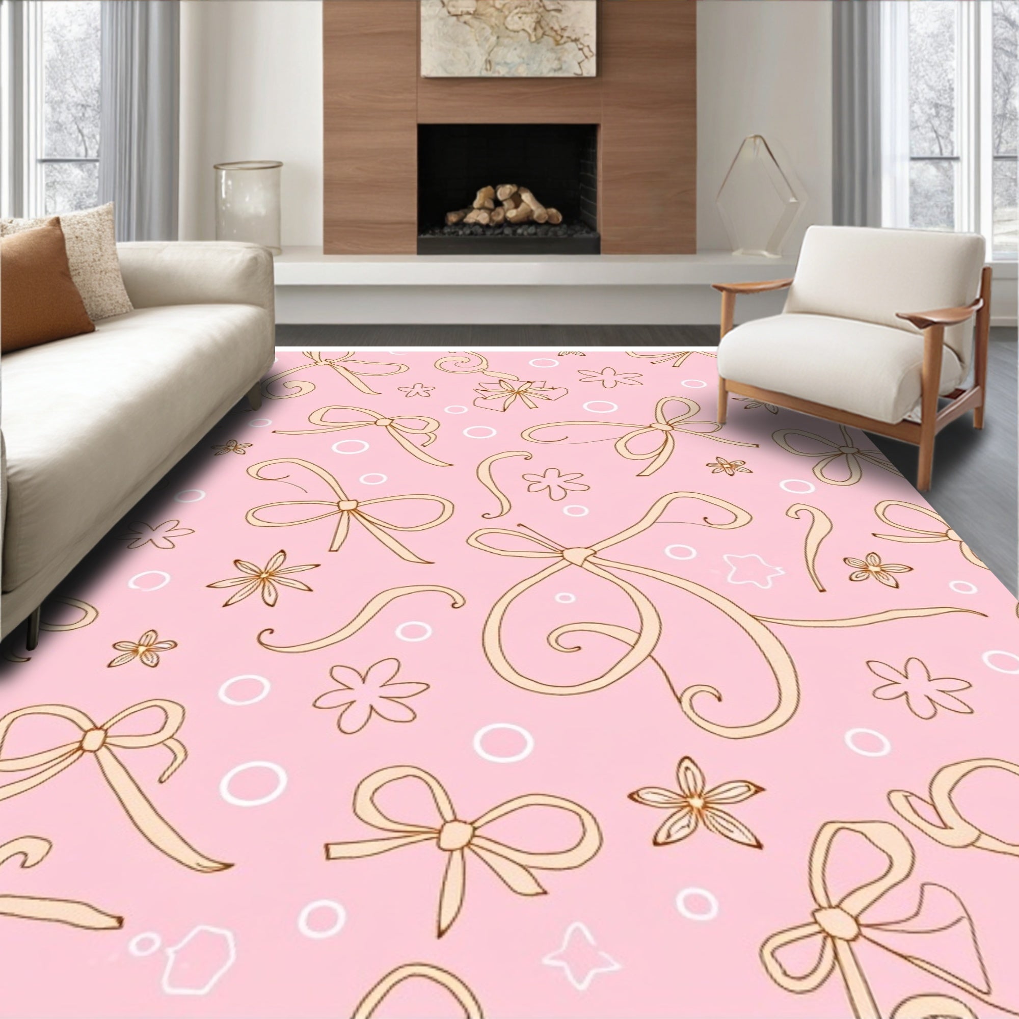 Pink Bows Subtle Flowers Circles Rug