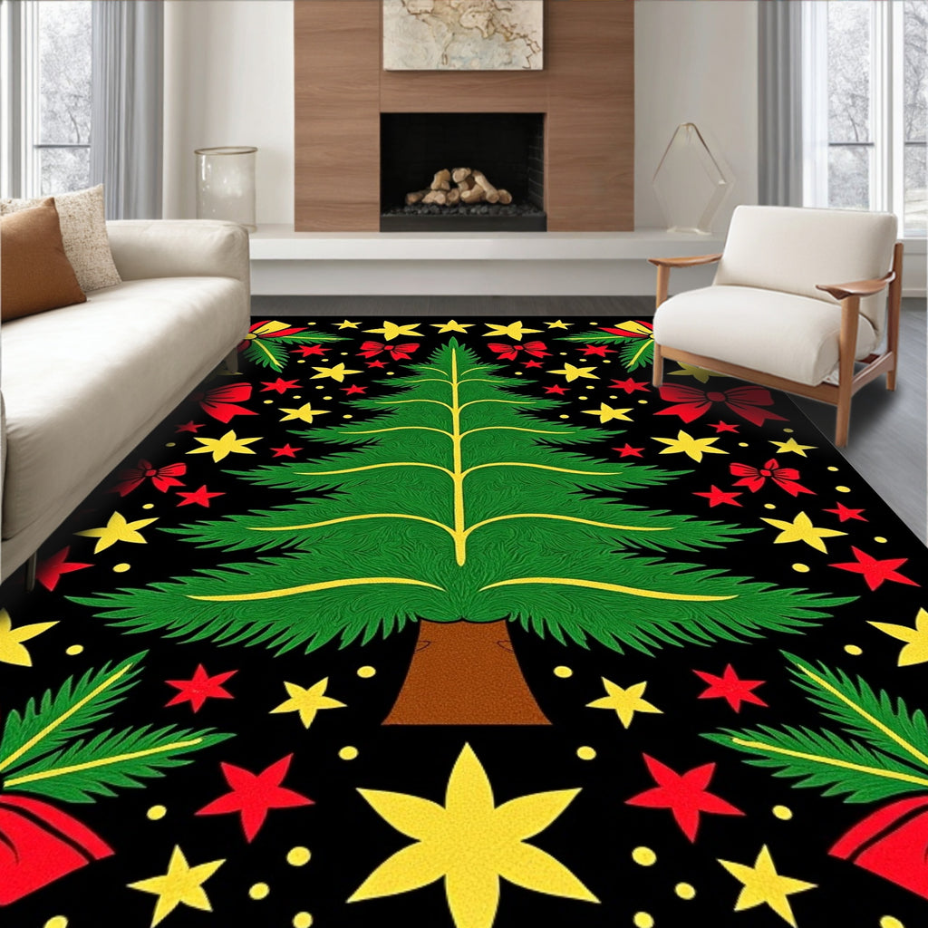 Festive Christmas Tree Red Bow Star Rug