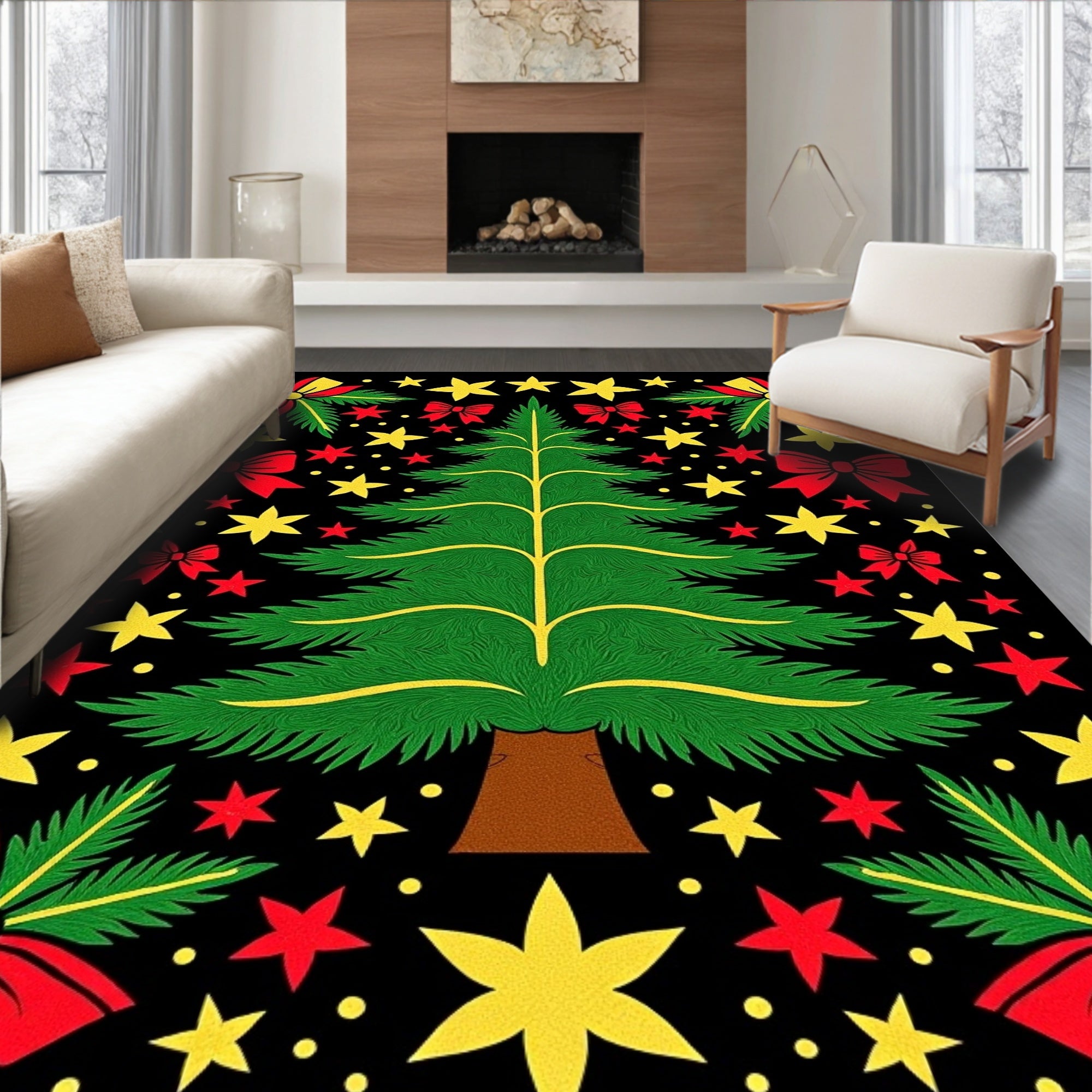 Festive Christmas Tree Red Bow Star Rug