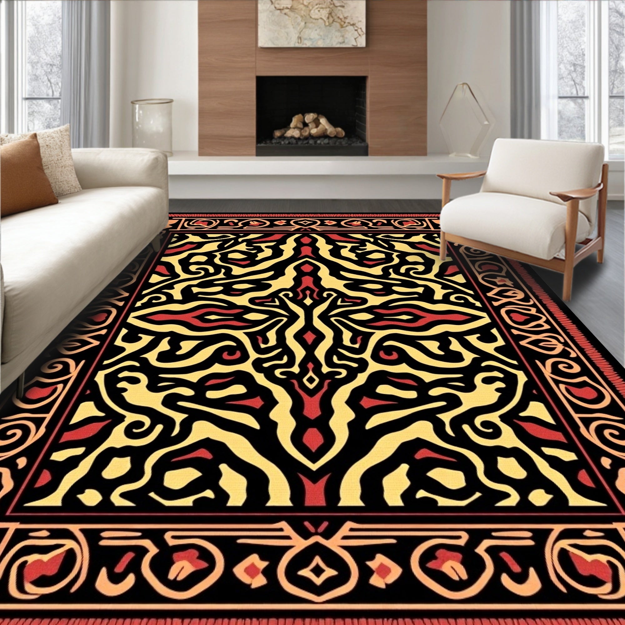 Bold Red Yellow Abstract Floral Medallion Rug