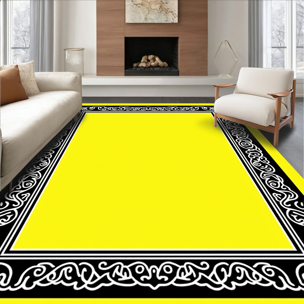 Black White Ornate Yellow Border Rug