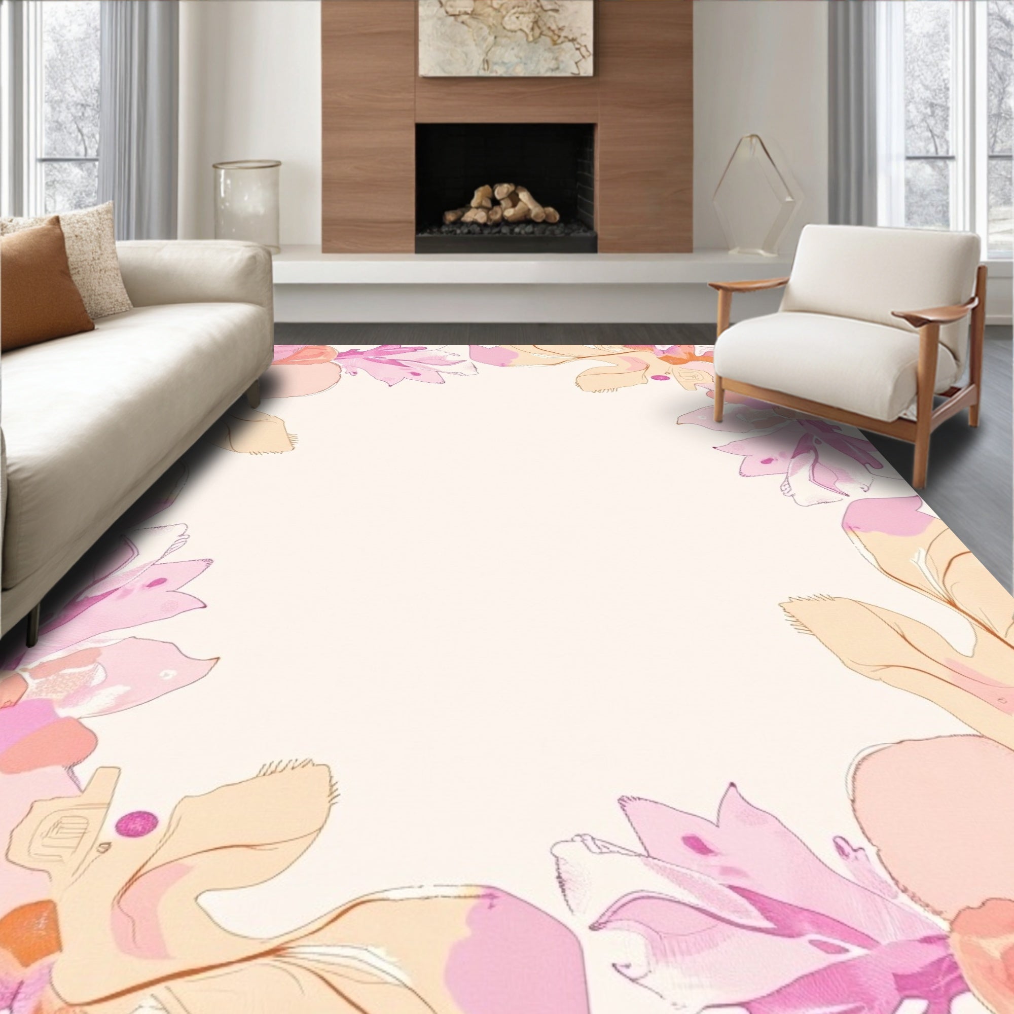 Blush Pink Floral Watercolor Border Rug