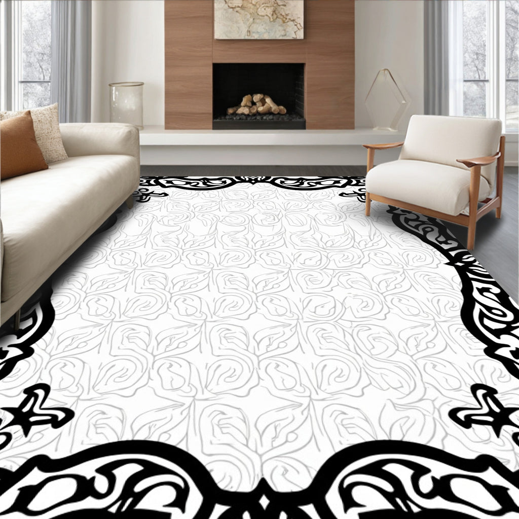 Monochromatic Black Ivory Scrollwork Border Rug