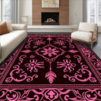 Ornate Pink Floral Scrollwork Black Rug