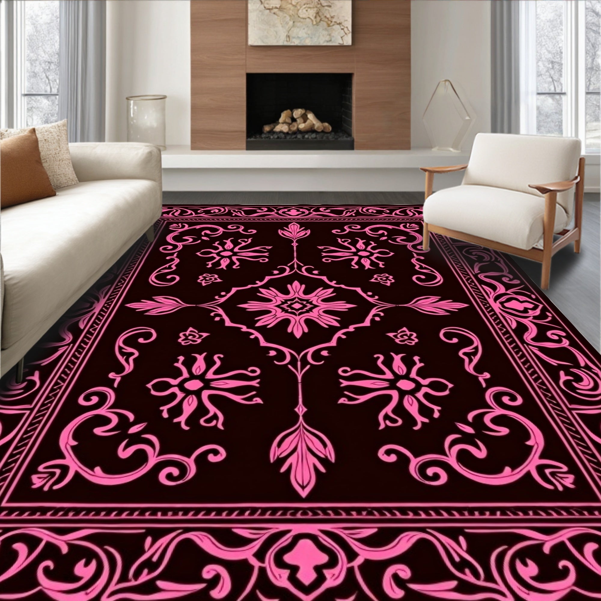 Ornate Pink Floral Scrollwork Black Rug