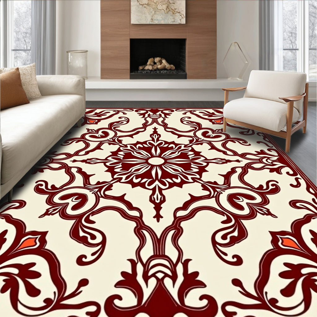 Deep Red Vine Scroll Ivory Rug