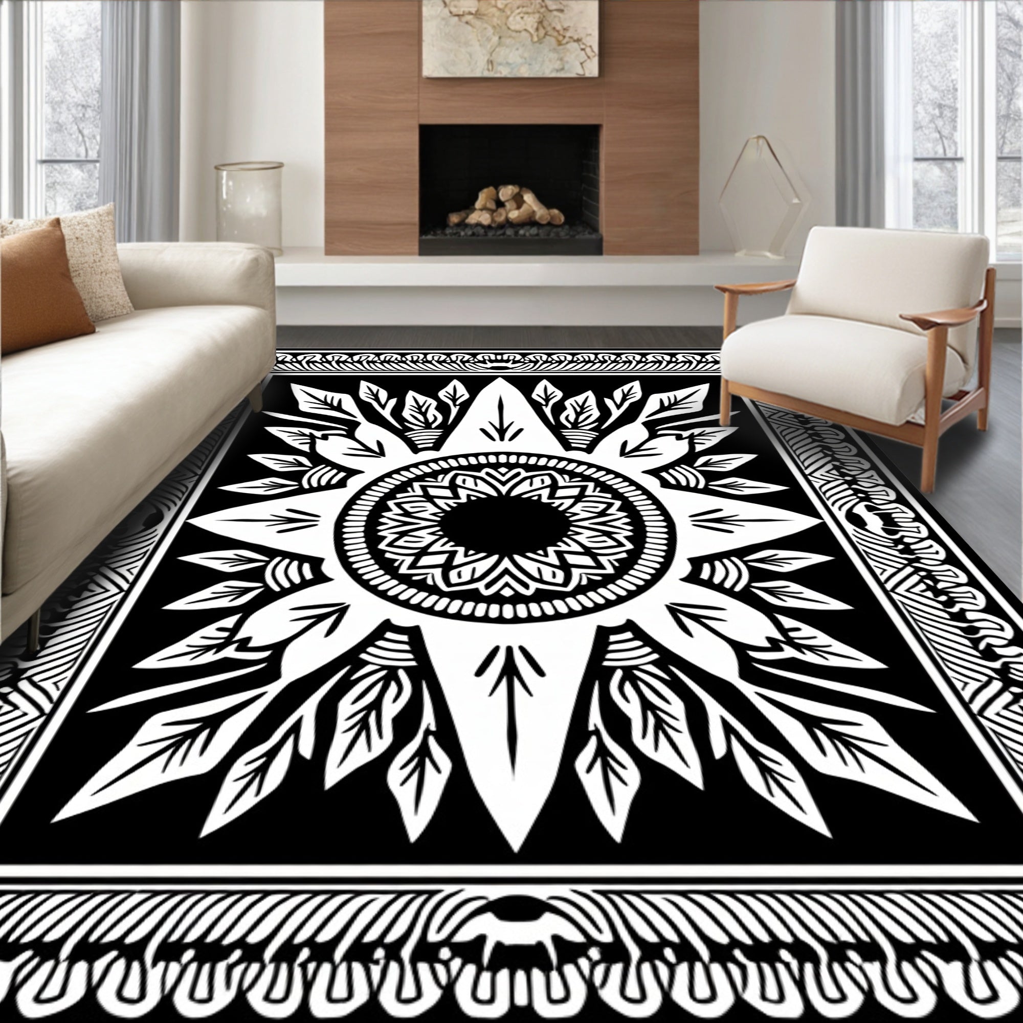 Black White Sunburst Mandala Medallion Rug