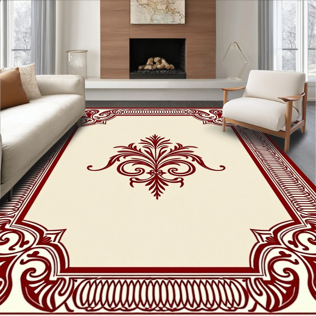 Rich Burgundy Floral Scrolled Frame Rug