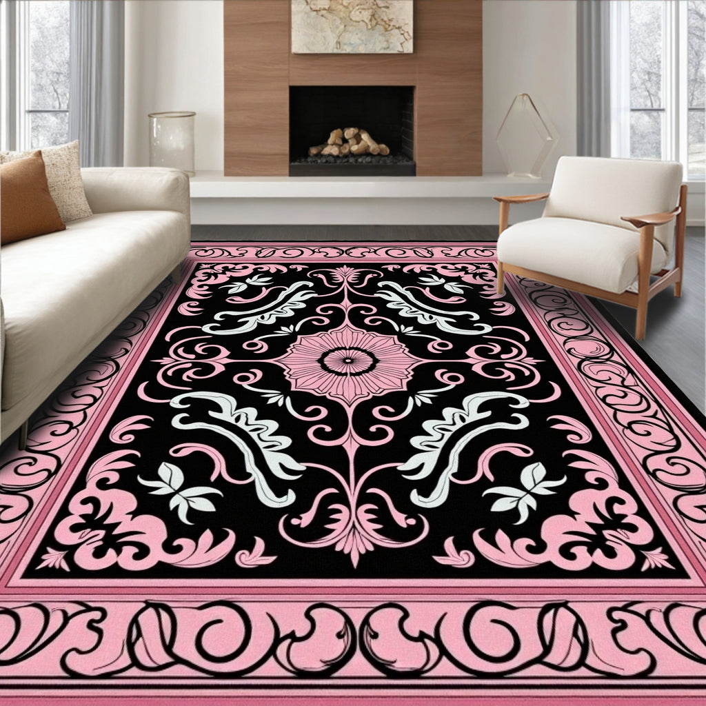 Pink Black Floral Medallion Scroll Rug