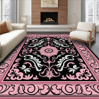 Pink Black Floral Medallion Scroll Rug
