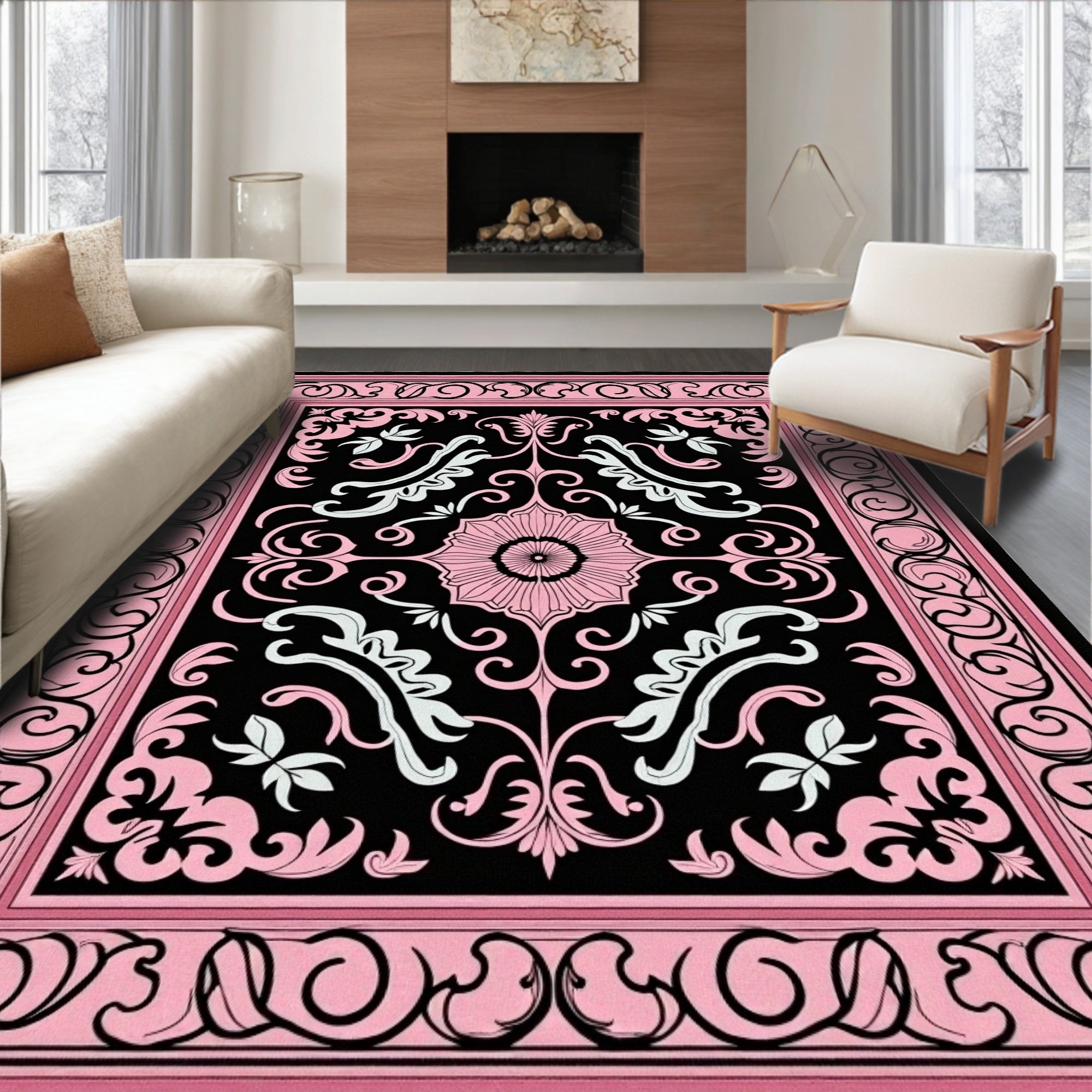 Pink Black Floral Medallion Scroll Rug