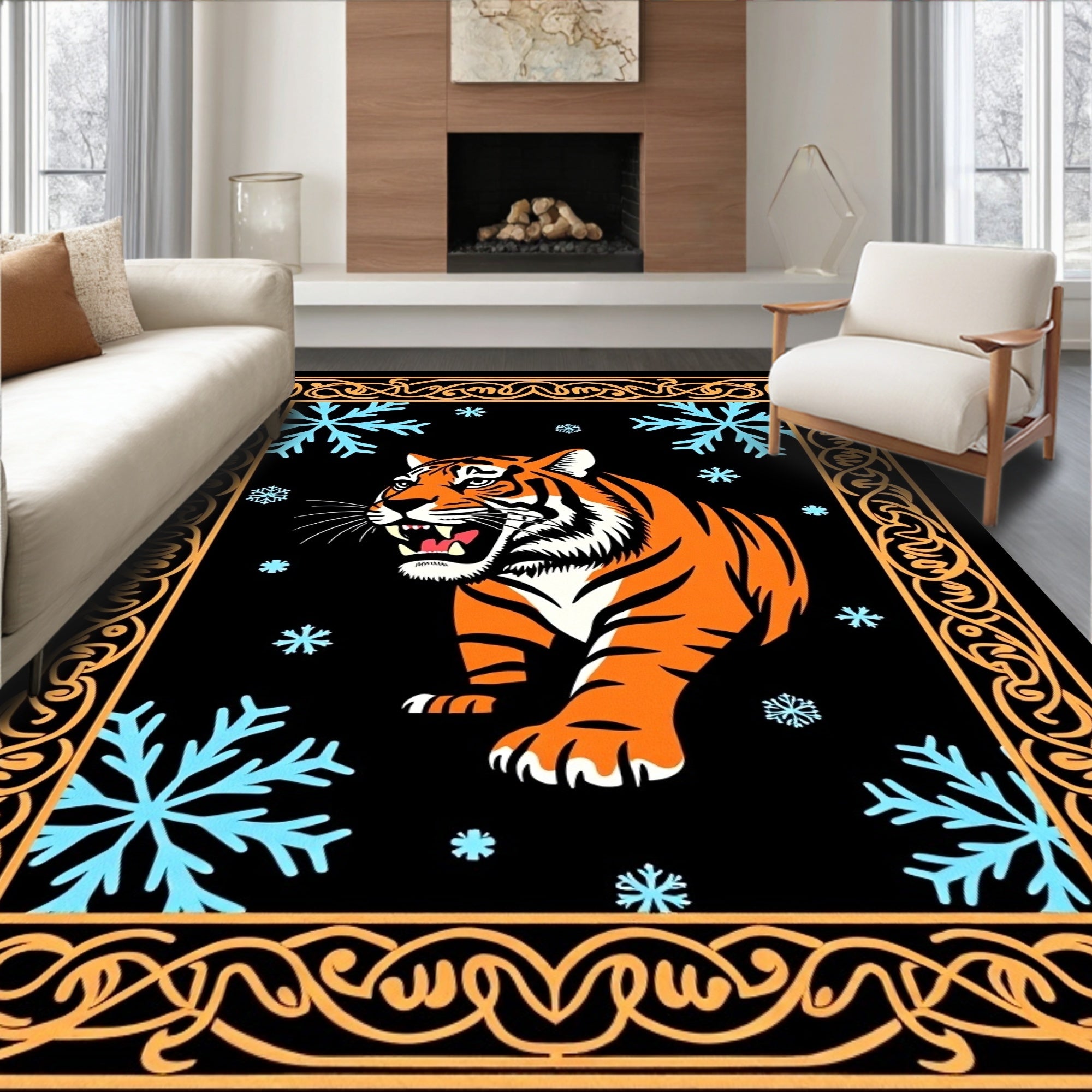 Fierce Orange Tiger Blue Snowflakes Border Rug