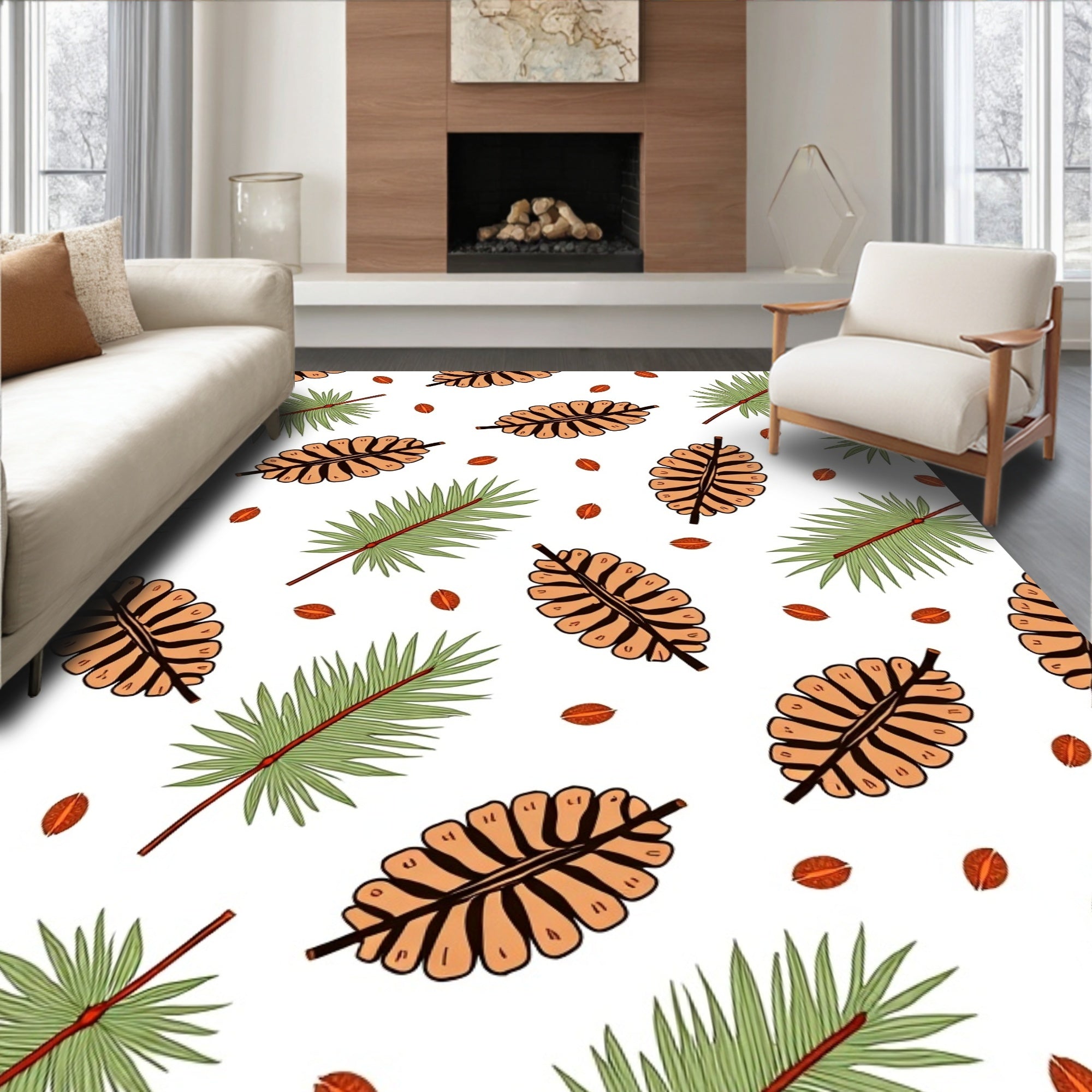 Tan Leaf Green Palm Scatter Rug