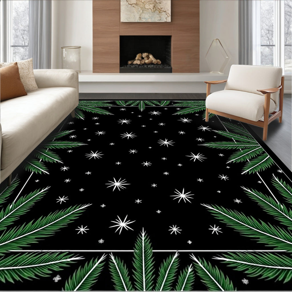 Green Frond Black Starry Night Rug