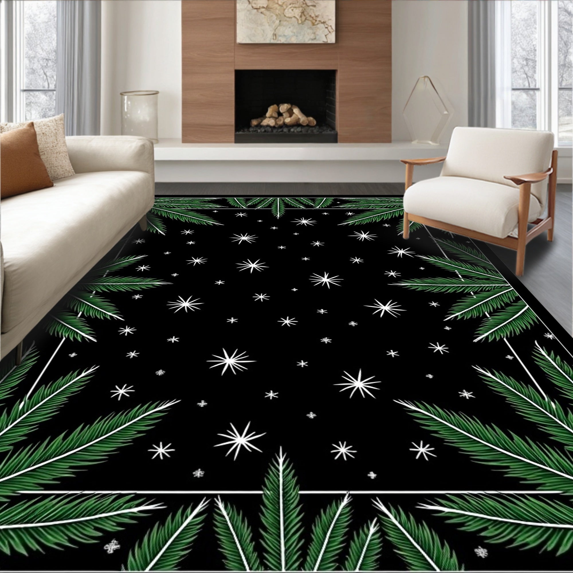 Green Frond Black Starry Night Rug