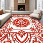 Bright Red Floral Medallion Frame Rug