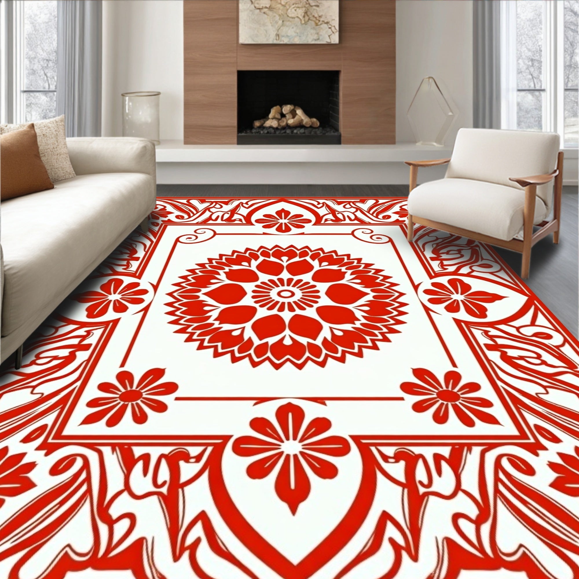 Bright Red Floral Medallion Frame Rug